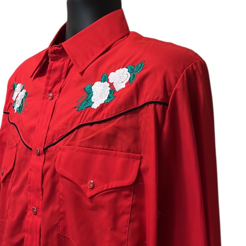 Vintage Rock Creek Ranch Red Pearl Snap Western Shirt~L~Long Sleeve~Roses